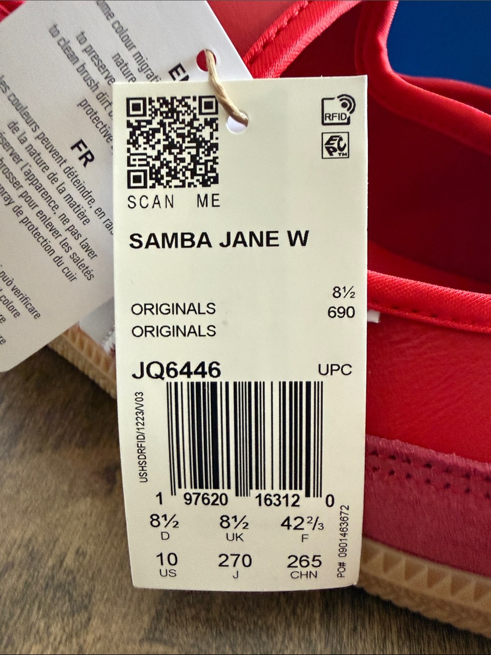 adidas Women’s Red Samba Jane Hook-and-Loop Sneakers with White Stripes - Picture 4 of 4